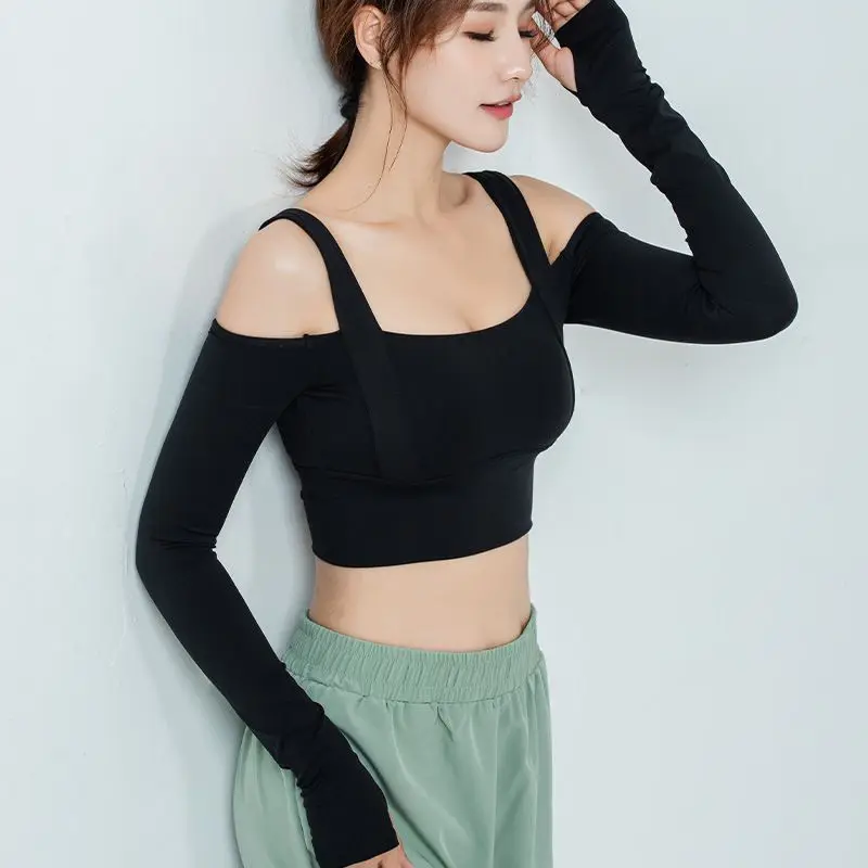 

Long Sleeve Yoga Shirt Women Sport Bra Fitness Top Off Shoulder Running T-shirts Jacket Crop Tops Sexy Gym Clothes White