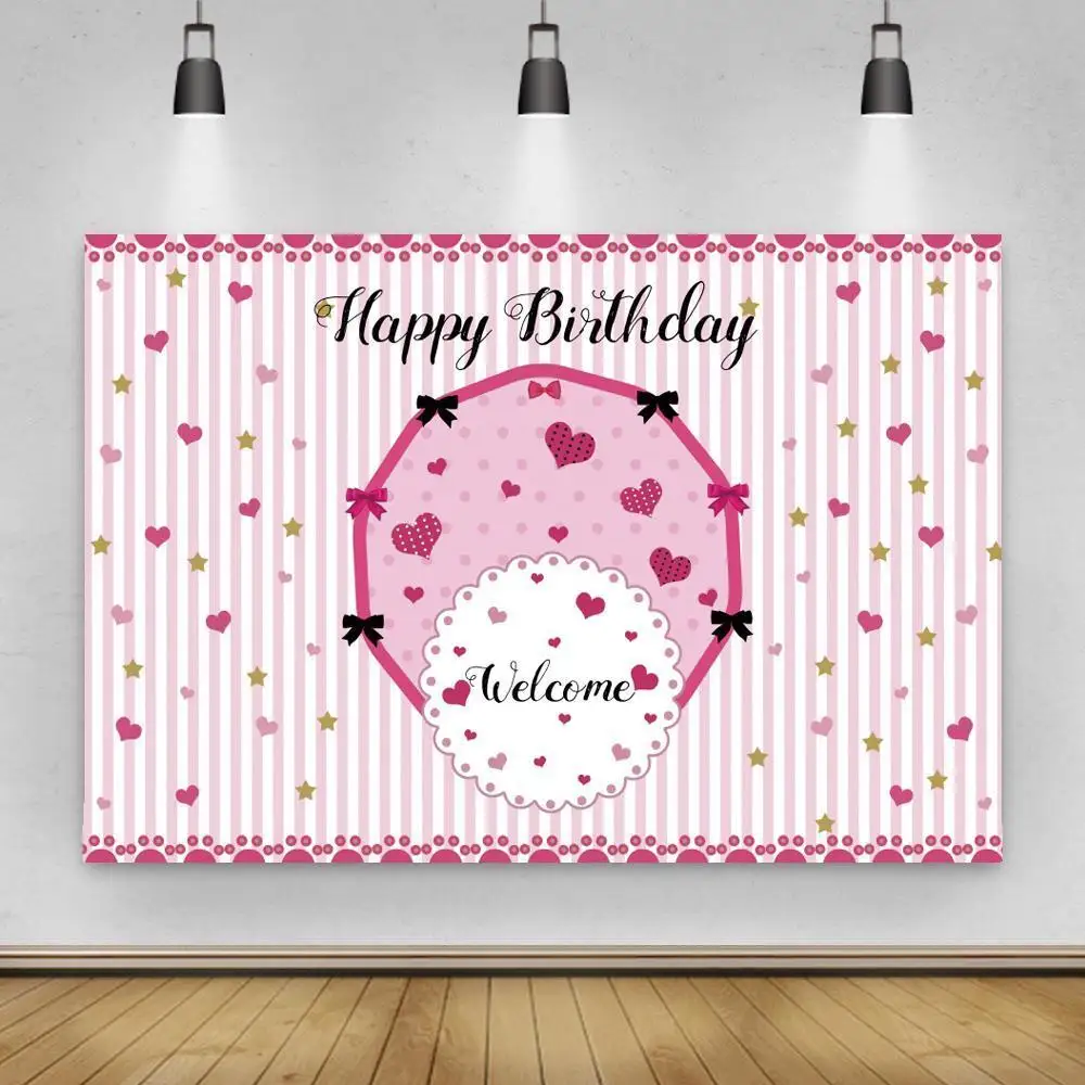 

Welcome To My Birthday Party Photo Backgrounds Pink Bows Sweet Hearts Girl Princess Portrait Photography Backdrops