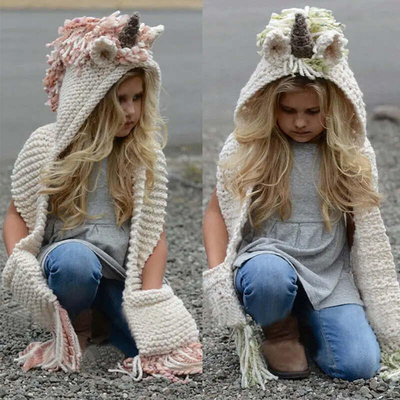 Шарф с капюшоном в виде единорога толстовка животного вязаная Вязаная Шапка-бини