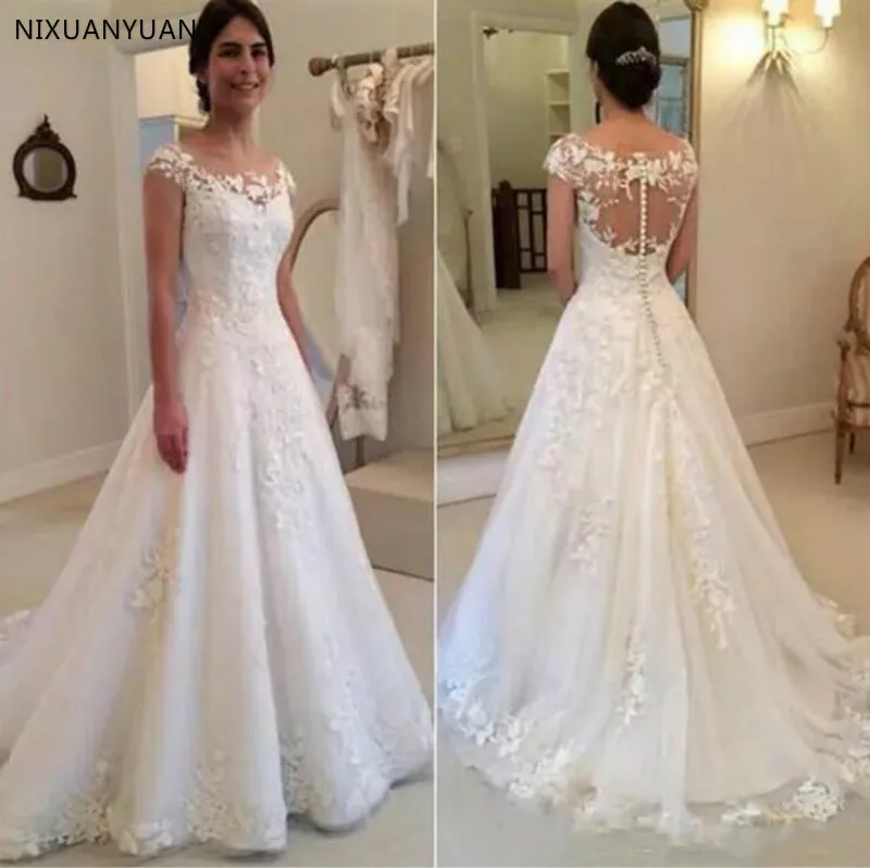 

Vestido De Noiva Modest Sheer Bateau Neckline See Through Button Lace Wedding Dress 2021 Cap Sleeves Bridal Gown Plus Size