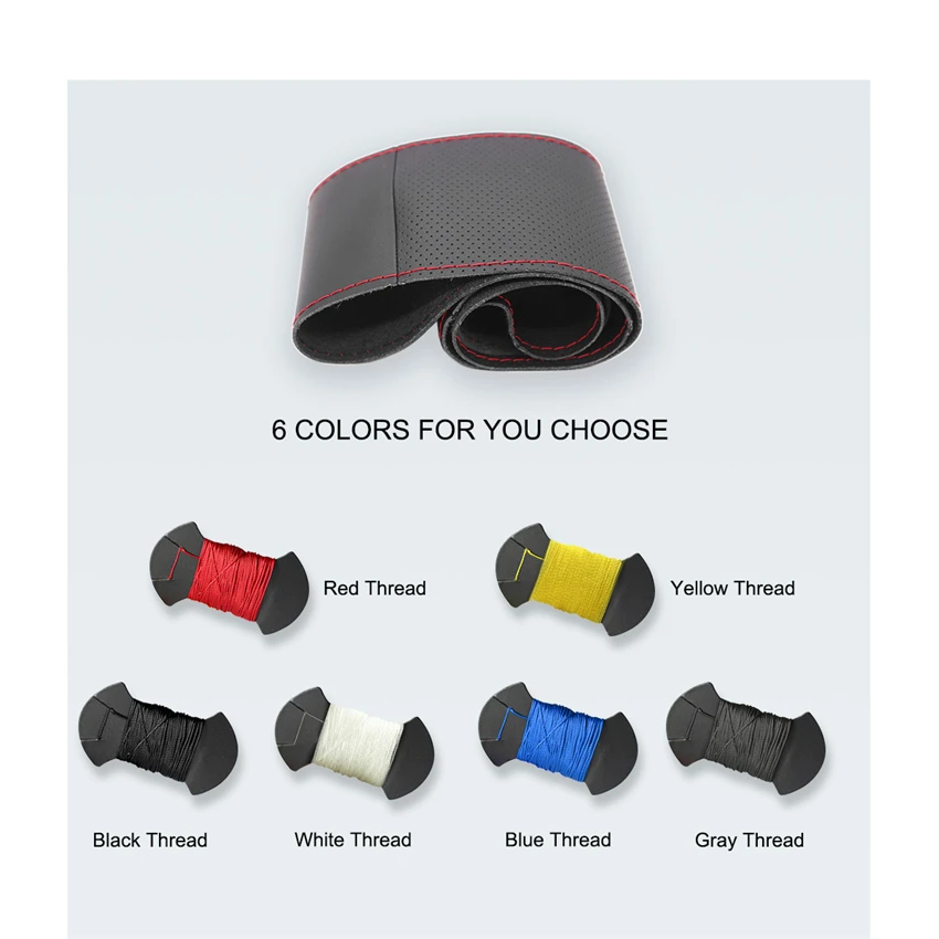 

Universal Car Steering Wheel Cover For 38CM DIY Black Smooth Leather And Black Perforated Artificial Leather With Needles Thread