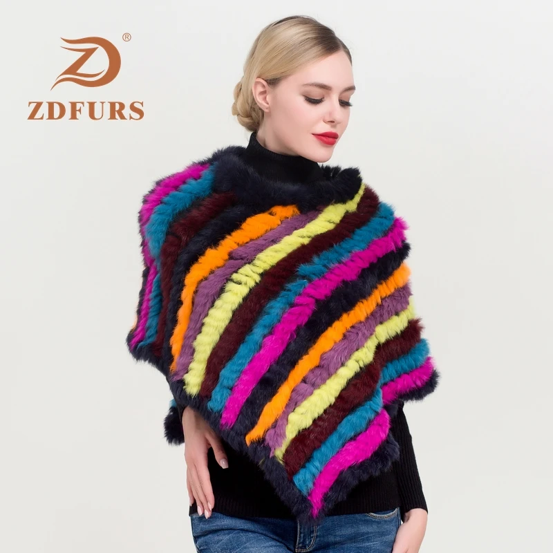 ZDFURS* Зимняя распродажа, Вязаное пончо из натурального кроличьего меха, модная шаль из натурального кроличьего меха, женское меховое пончо