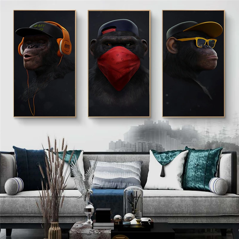 Очки наушники музыкальная обезьяна большой постер Абстрактная Картина на холсте