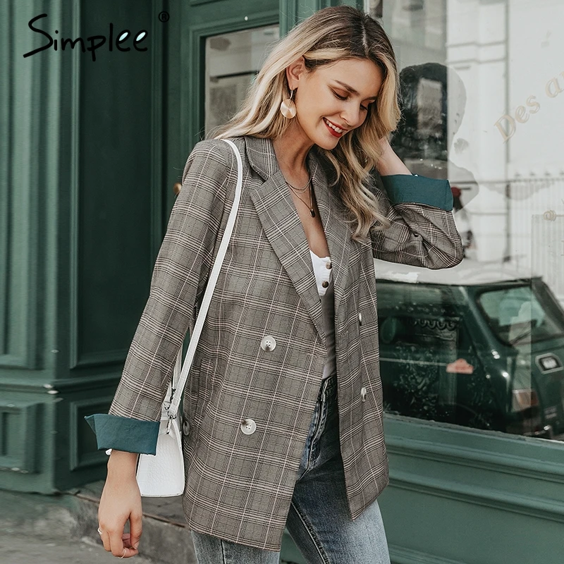 Simplee Plaid long sleeve female blazer Stripe lining office ladies Autumn winter casual outwear women jacket coat 2019 | Женская одежда