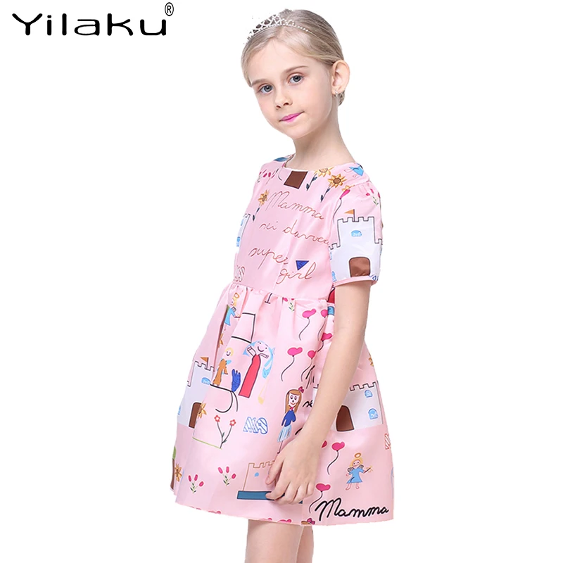 Летняя одежда для девочек Yilaku платья с коротким рукавом мультяшное платье