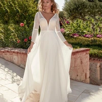 boho elegant v neck wedding dress 2021 criss cross flare sleeve zipper brush train chiffon simple bride gown vestidos de noiva