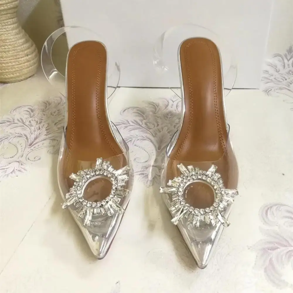 Clear PVC Индивидуальные прозрачные сандалии с пряжками и круглым носком; Mujer; коллекция года; Роскошные атласные женские сандалии на высоком каблуке с острым носком и ремешком сзади - Цвет: Clear PVC
