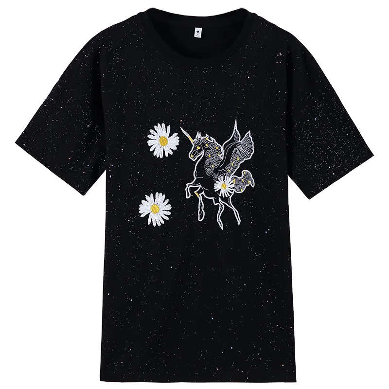 

CEC Super Fire Unicorn Machine Embroidery Short-Sleeved T-shirt 2020 Summer New Style Loose and Plus-sized Daisy100% Cotton Coat