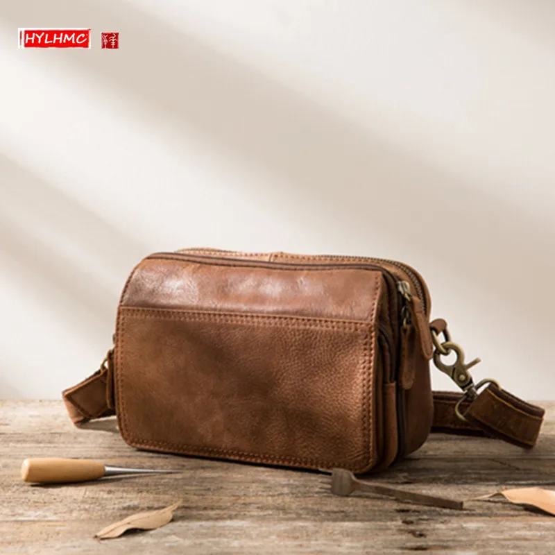 New Genuine Leather Men Crossbody Bag Japanese Retro Leather Pouch Casual Men's Small Shoulder Bags Vintage Soft