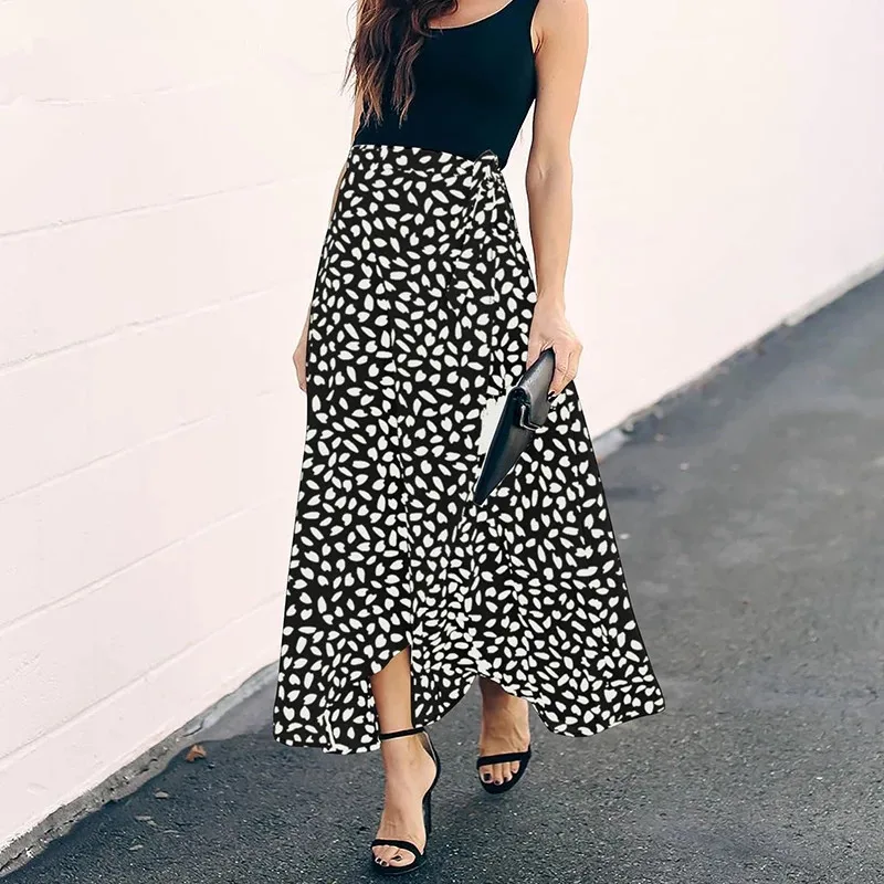 

Polka Dot Print Long Maxi Summer Skirt Women Fashion Harajuku White Black Split High Waist Sun Wrap Aesthetic Skirt Female