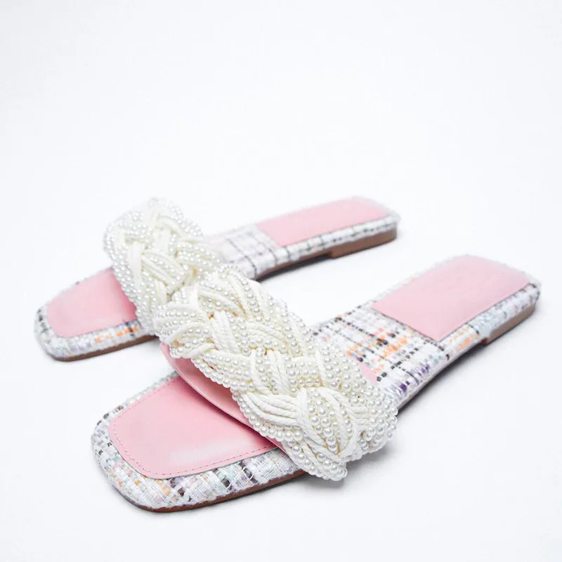 

ZAR Brand Slippers Women 2022 New Summer Luxury Fashion Square Toe Beaded Flat-Heeled Beach Sandals Woman Shoes Plus Size 41