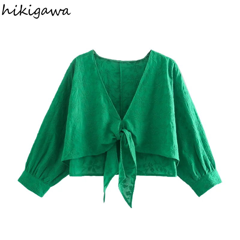 

Hikigawa Shirts Summer Fashion V Neck Long Sleeve Embroidery Tie Blusas Solid Thin Casual High Street Straight Belt Shirt Tops