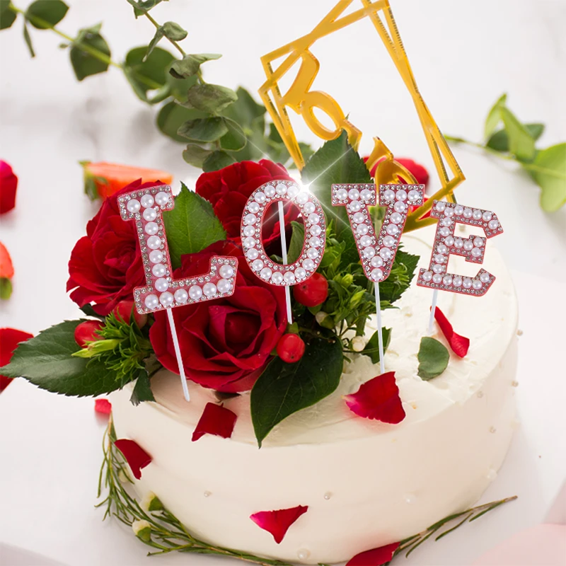 

4Pcs/Set Rhinestone And Pearl Insert LOVE BABY Cake Toppers Baby Shower Cake Decoration Wedding Birthday Topper Supplies