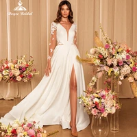 roycebridal satin slit off white wedding dress with long sleeves floor length v neck simple bridal gown formal robe de mariee