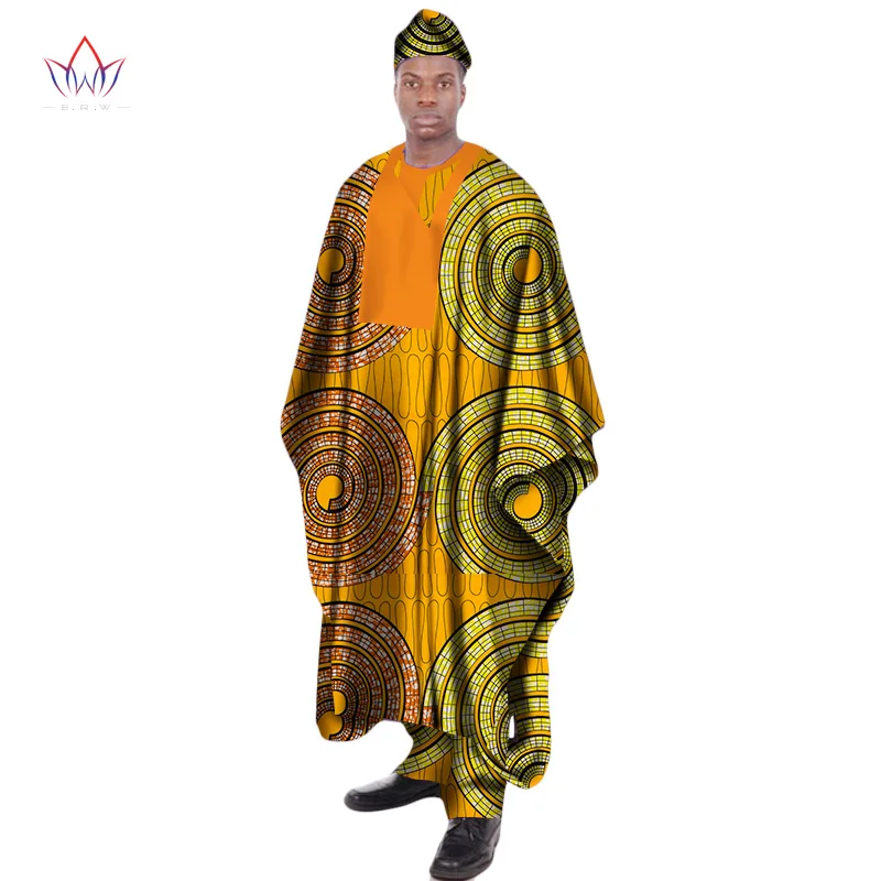 3Pcs Set African Print Wax Long Men Loose Robe Shirt and Pant Hat Dashiki Traditional African Mens Clothing Plus Size WYN1312