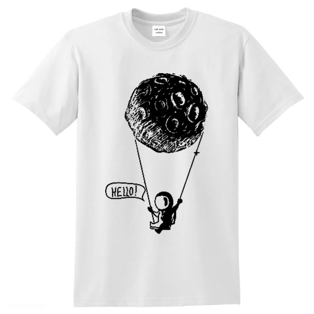 

Kohpweran Funny Moon Astronaut Hello Men's T-shirt Lycra Print Men Casual Summer Loose Mens O-neck Male