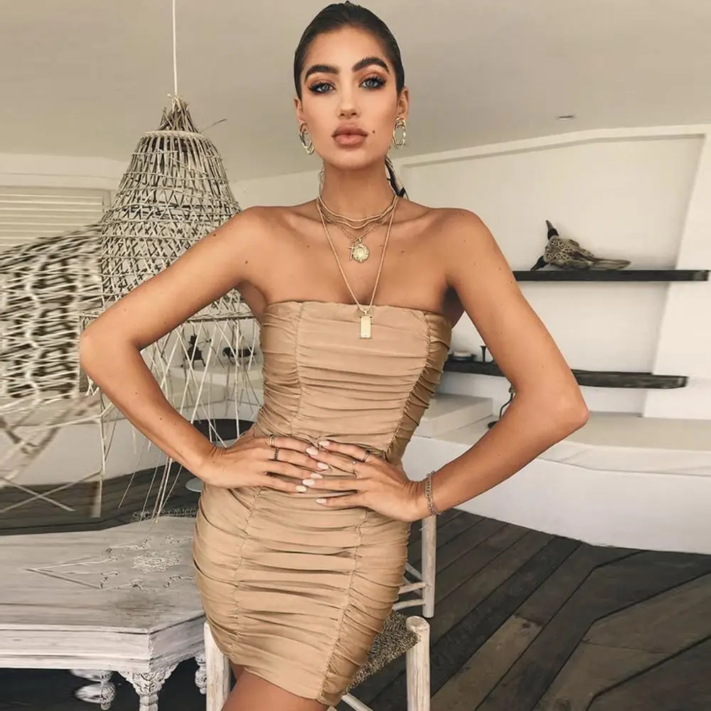 

Summer New High Quality Women'S Sexy Tube Top Nightclub Pleated Package Hip Dress