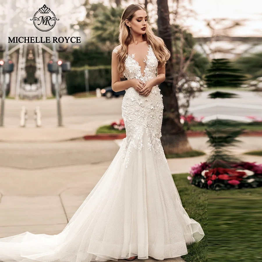 Женское свадебное платье с юбкой годе It's yiiya белое кружевное глубоким