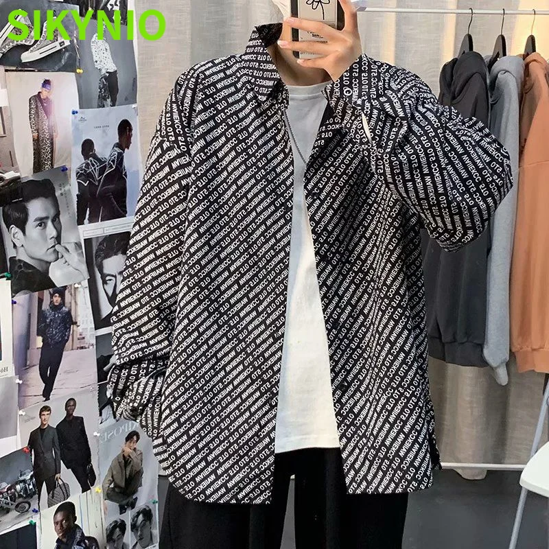 

Spring Autumn Mens New Fashion Brand Loose Retro Long Sleeve Printed Shirt Hong Kong Style Solid Color Shirt Casual Thin Coat
