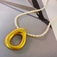women big loop pendant real gold plated jewelry with natural rice chain necklace
