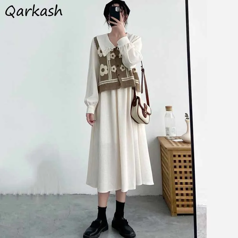 

Women Sets Knitted Cropped Vest Long Sleeve Solid Dress Tender Harajuku Japan Style Sweet College Spring Vintage Leisure Design