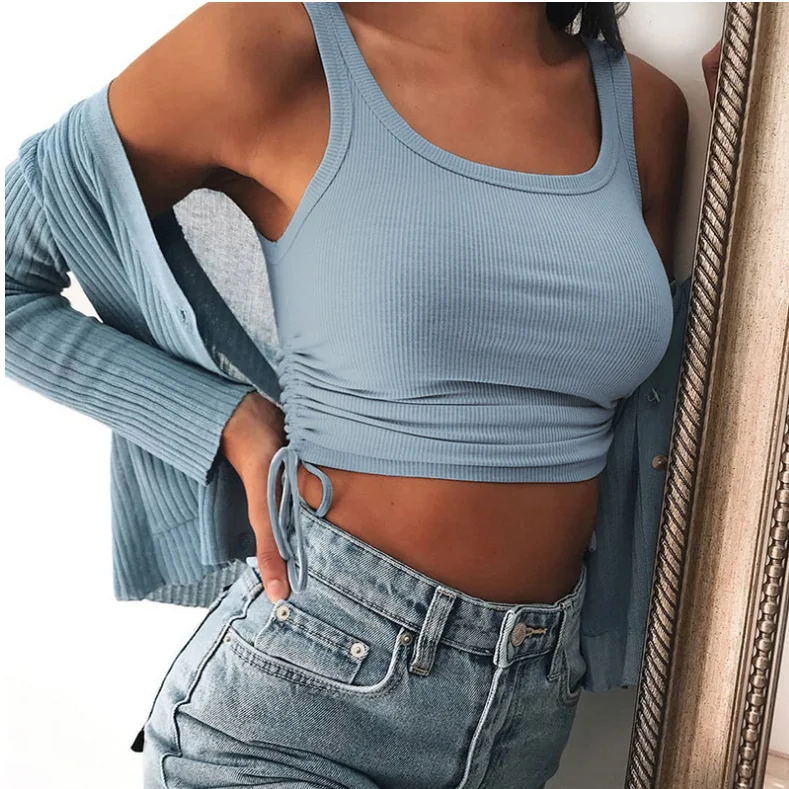 

Женская Базовая рубашка без рукавов, однотонный топ с U-образным вырезом без рукавов на завязках, лето-осень 2020