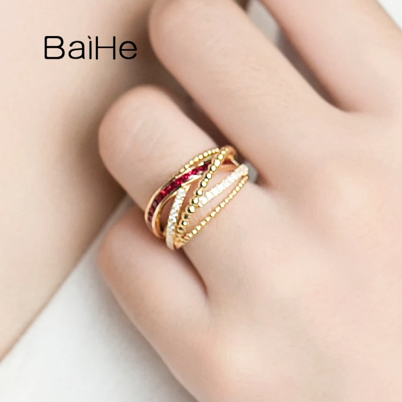 BAIHE однотонное 14K желтое золото 0.70ct квадратный огранка натуральный рубин 0.20ct