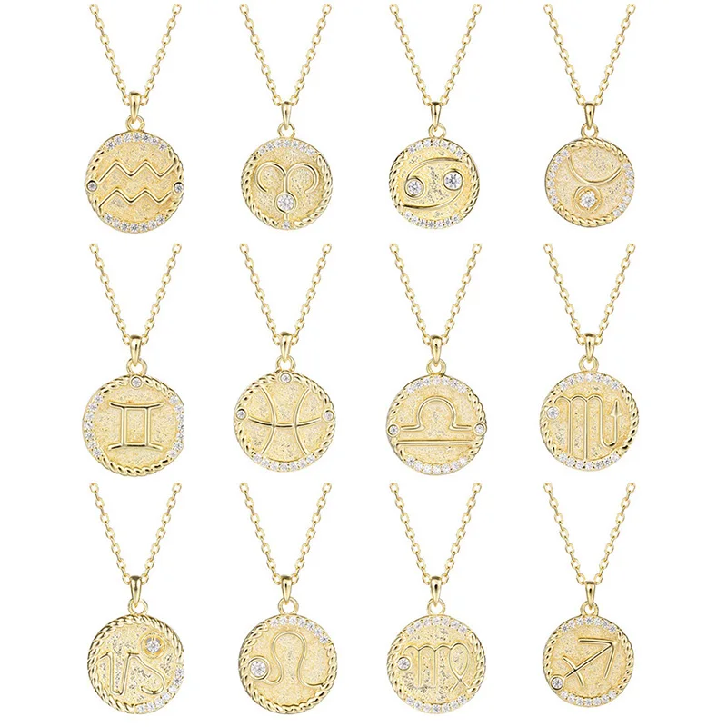 ElfoPlataSi ожерелье Монеты Серебро 925 пробы золото 12 Созвездие CZ короткое с подвеской