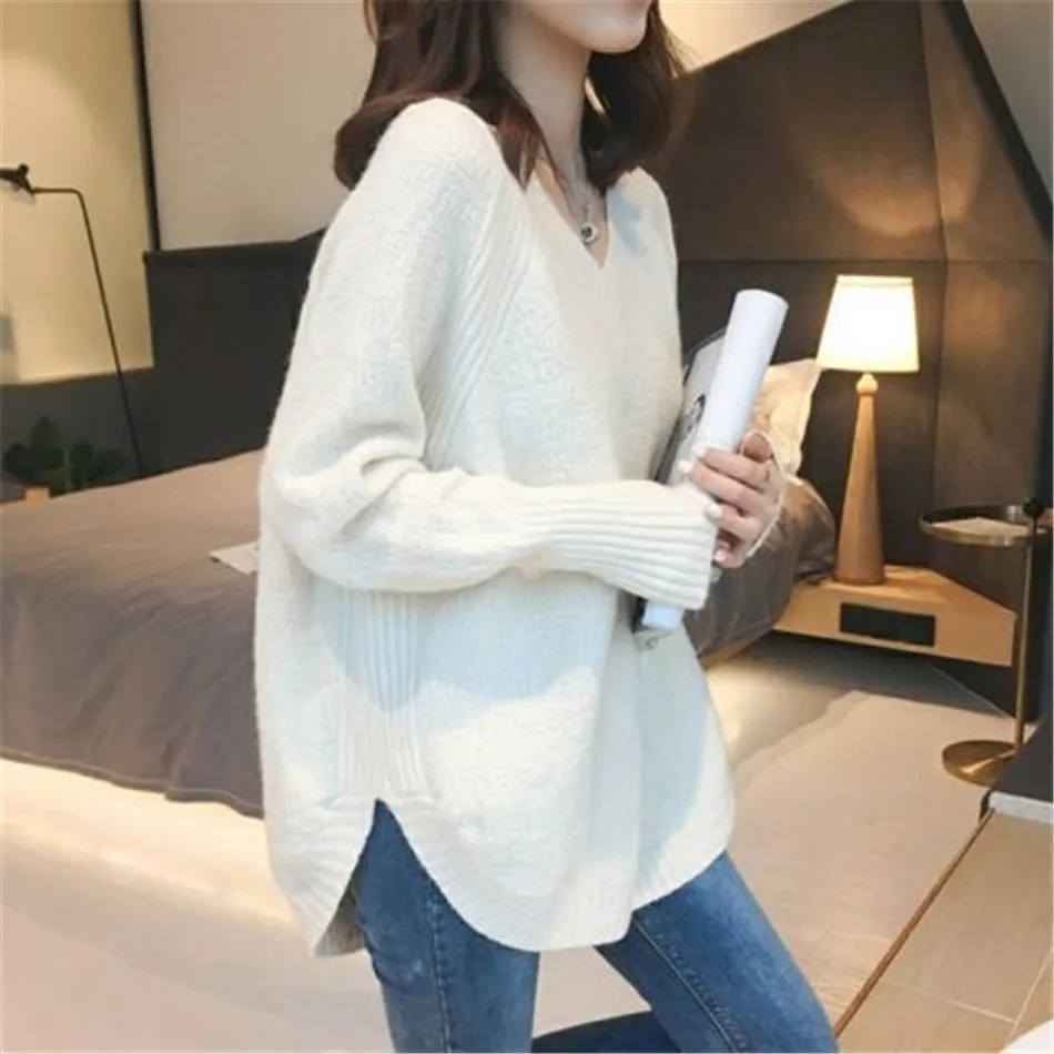 Пуловер женский однотонный с круглым вырезом вязаный мягкий свободный джемпер в