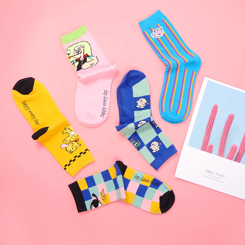 

Popeye Cartoons Socks Women Men Cotton Cute Funny Socks Pink Blue Striped Long Unisex Street Adult Casual Socks 2019