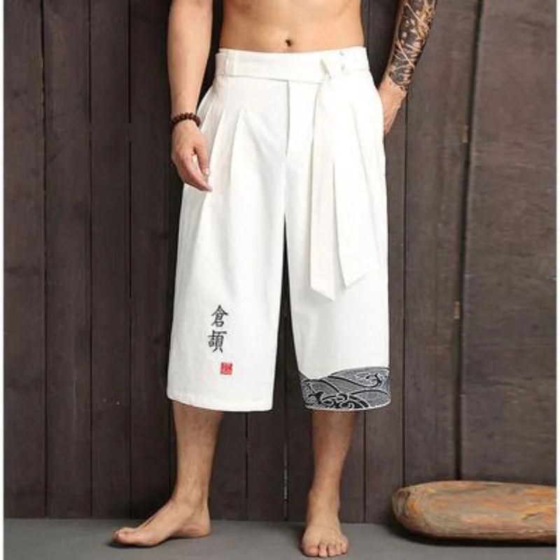 Japanese and Korean Kimono Men's Linen Cropped Trousers Yoga Loose Long  3/4 Pant Summer  Bushido Training Pants Taekwondo Pants