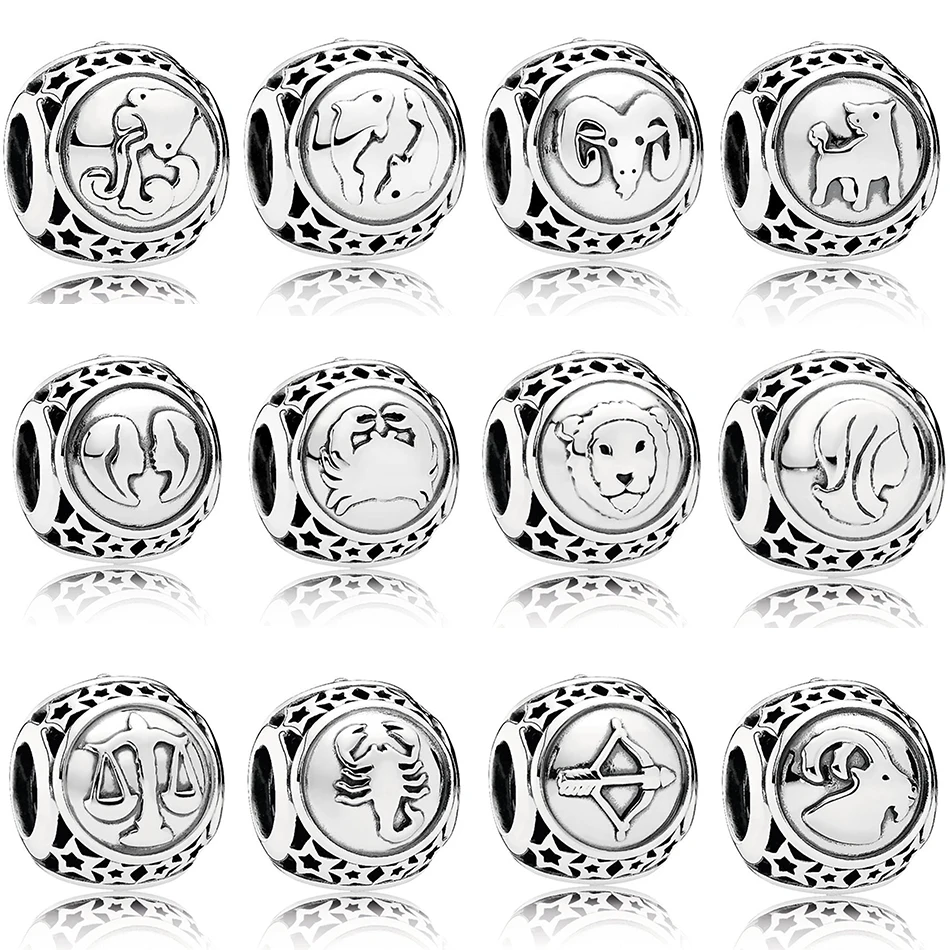 Аутентичные 925 стерлингового серебра бисера 12 лет с рисунком звездных знаков