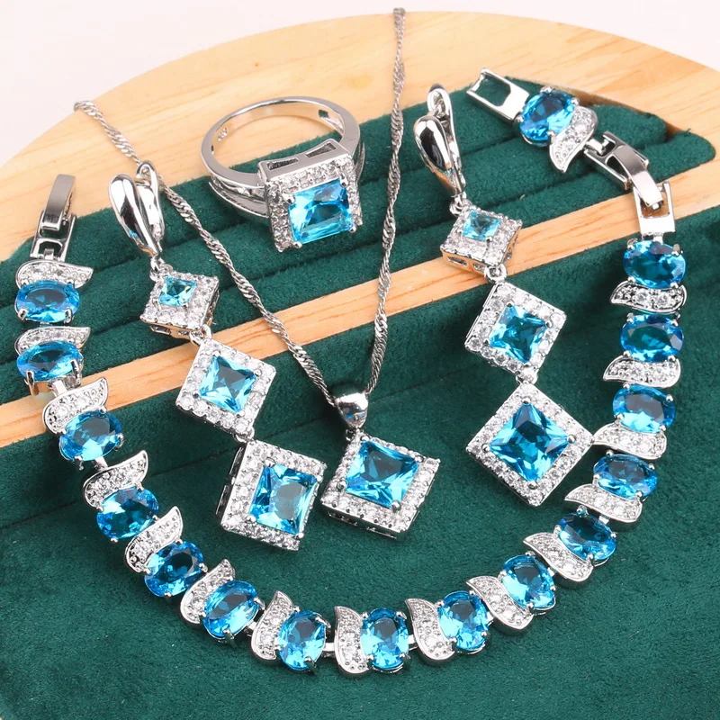 

Классические длинные серьги из серебра 925 пробы с синим кристаллом набор украшений для женщин пробы, ожерелье, кулон, кольцо, свадебный браслет, рождественский подарок, 4 шт.