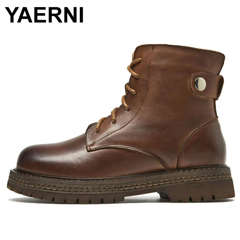 

YAERNI Genuine Leather Platform Boots 2021 New Winter Women Shoes Zip Round Toe Cross-tied Sewing Handmade Ankle Boots
