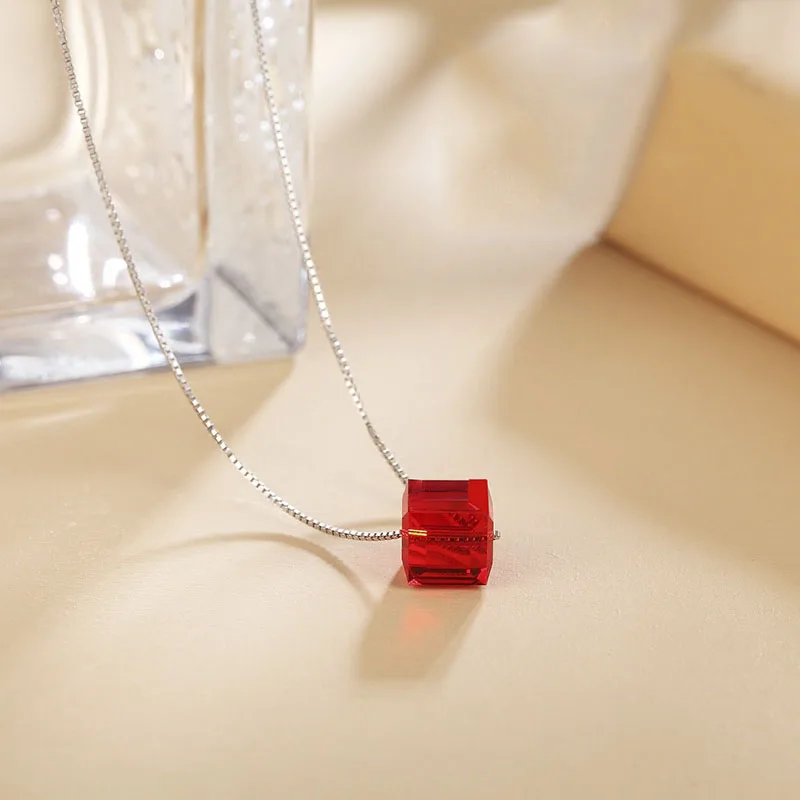 Классические кристаллы от Swarovski кубические бусы ожерелье Подвески 925 пробы Серебряная цепочка Ожерелье s для женщин свадебный шикарный подарок - Окраска металла: Light Siam
