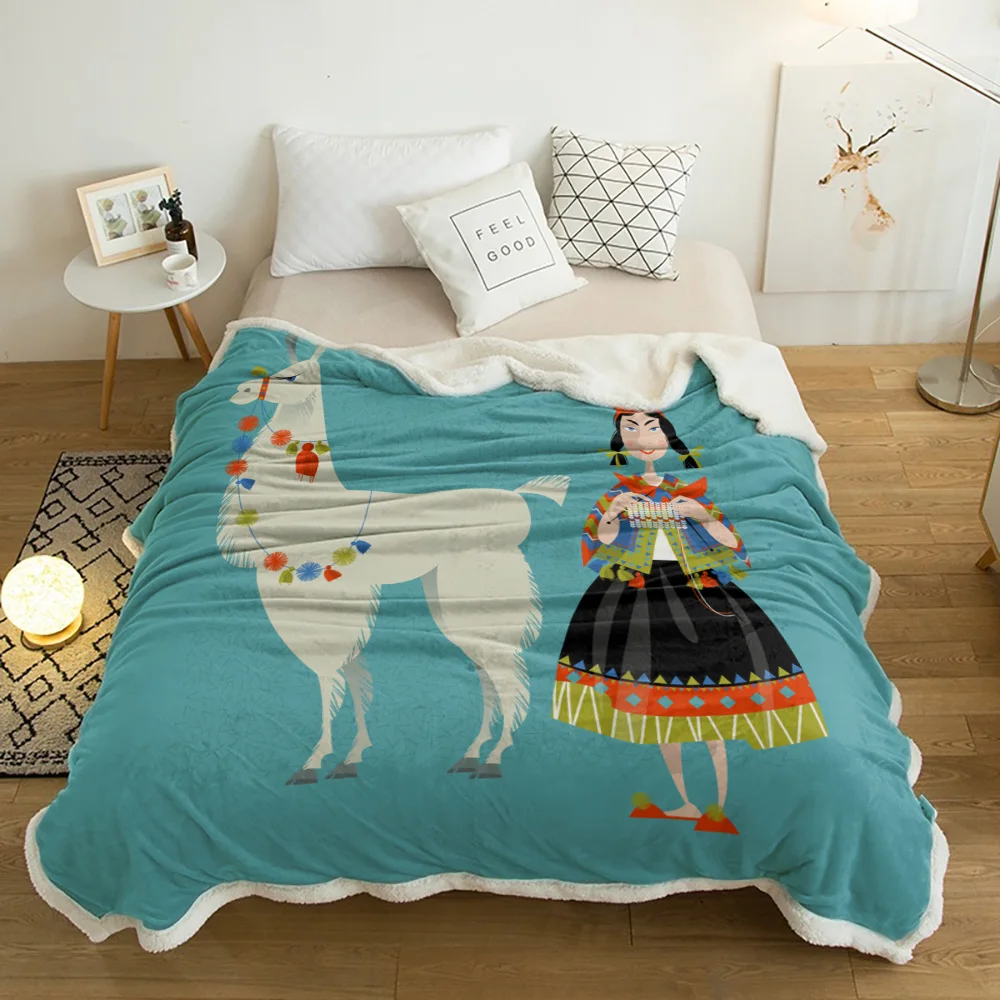 Comic Alpaca Female Traditional Cartoon Velvet Home Sofa Watching Blanket Sherpa Warm Fleece Travel Quilt | Дом и сад