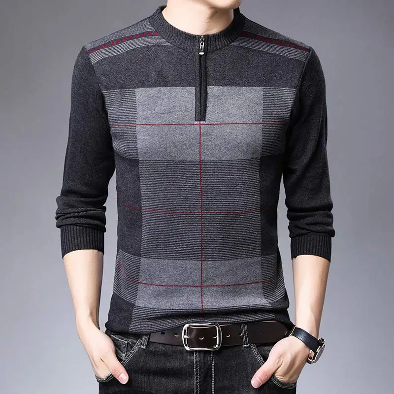 Light Grey Толстый теплый зимний полосатый вязаный свитер на молнии, Мужская одежда, трикотажный Мужской пуловер, вязаные мужские свитера, мужская мода 93003 - Цвет: Light Grey