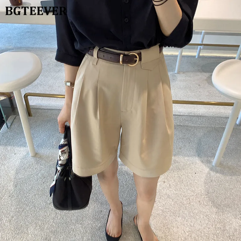 

BGTEEVER Summer Loose Half Pants for Women High Waist Pockets Female Suits Shorts Casual Ladies Wide Leg Shorts 2021