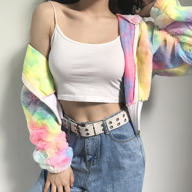 Rockmore Tie Dye пушистые пальто и куртки на молнии для женщин Красочные более размера d Harajuku куртка Дамская размера плюс уличная осенняя