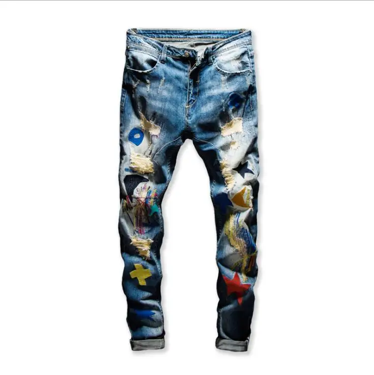 

Рваные брюки мужские, цветные рваные джинсы в стиле пэчворк, повседневные Стрейчевые джинсовые брюки с вышивкой, облегающие прямые брюки, р...