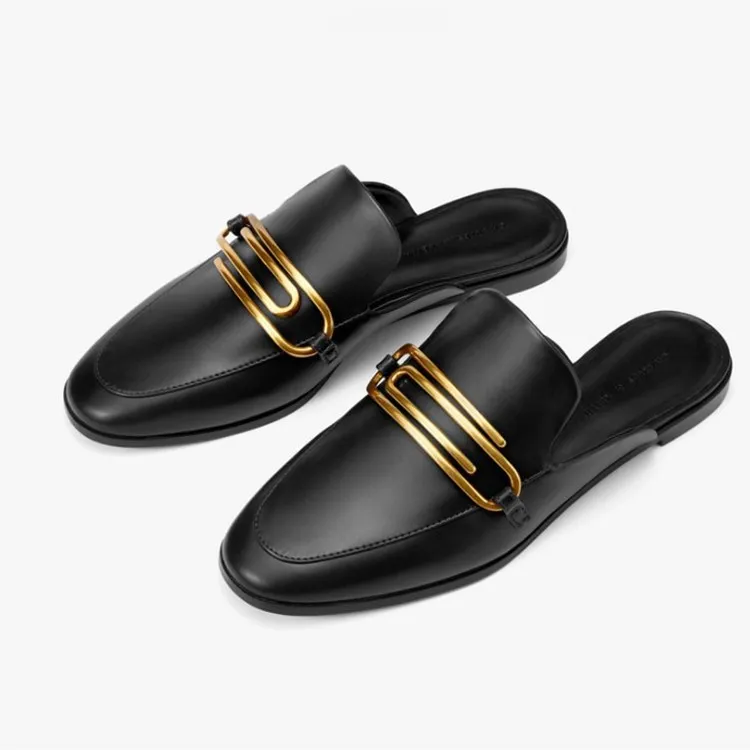 

Low-heeled Slippers Women's British Style Breathable Slippers Metal Buckle Flat Mueller Shoes Womens Shoes Female Shoes