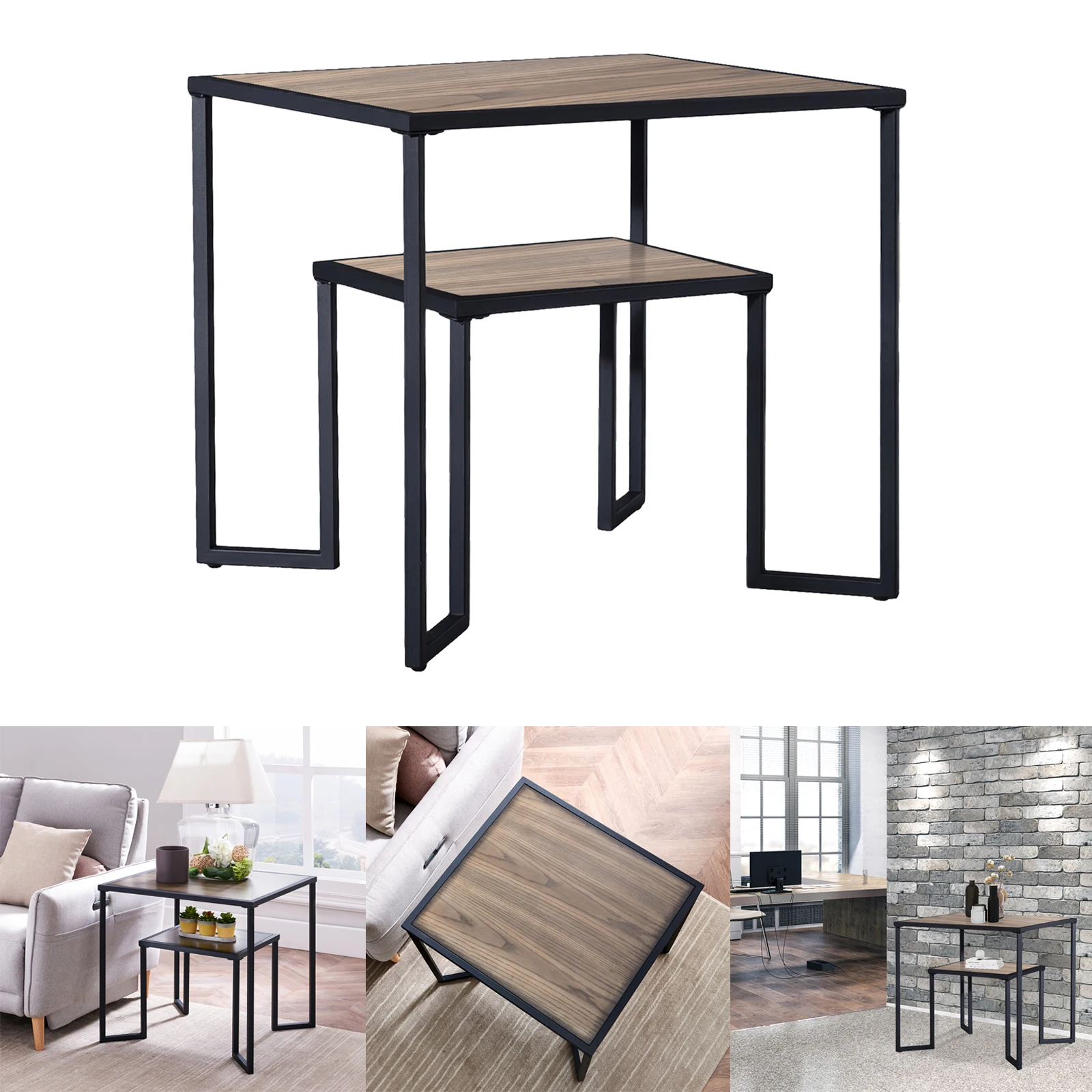 

2-Tier End Table with Storage Shelf, Wood Look with Metal Frame