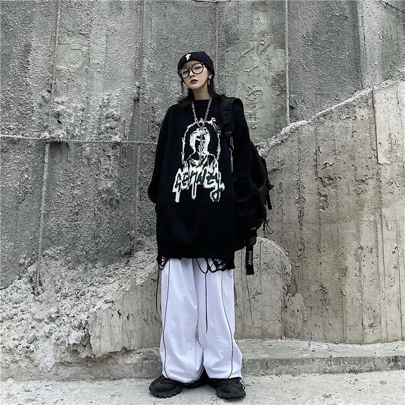 

KOSAHIKI 2021 Harajuku Spring Oversized Sweater Tops Jumper Japanese Cartoon Print Vintage Pullovers Black Pull Femme 11a001