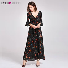 Сексуальный с принтом с цветами Выпускные платья Ever Pretty A-Line v-образным вырезом 3/4 рукав черный шифон Формальные платья Vestidos De Festa
