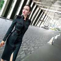 2021 new womens leather style zipper open with vertical neckline and waist closed multi pocket dress vfemage vintage dresses