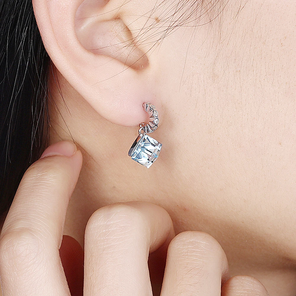 

ZEMIOR Sterling Silver 925 Jewelry Women's Earrings C Shape Cubic Zirconia With Blue Square Austria Crystal Drop Earring