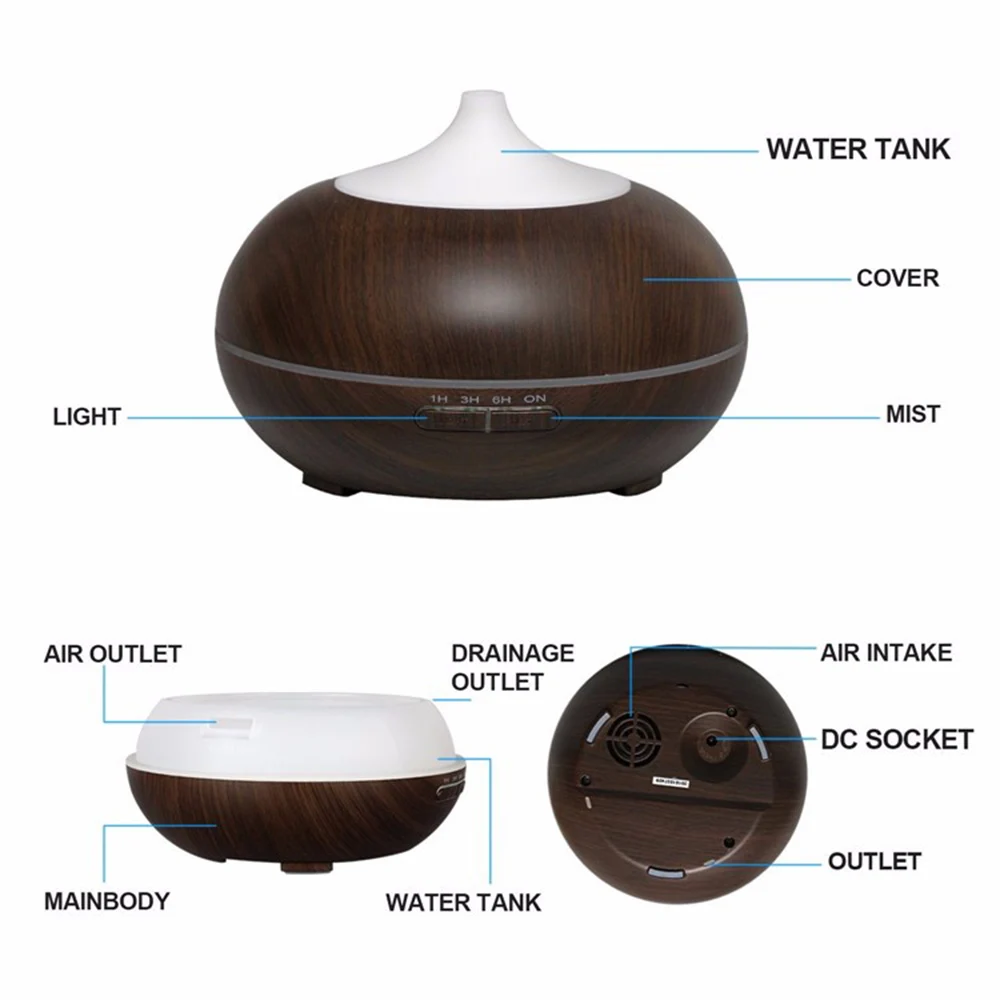 

300ml Ultrasonic Air Humidifier Aroma Essential Oil Diffuser with Wood Grain 7 Color Changing LED Lights for Home Office Difusor