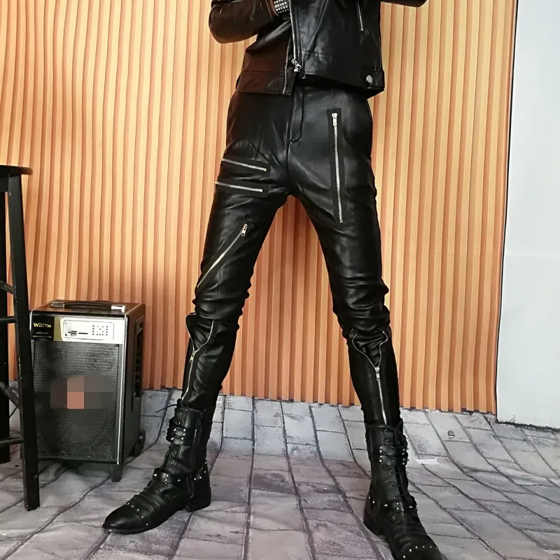 

Asymmetry Multi-Zippers PU Leather Trousers Men Black Skinny Spliced Pockets Fleece Thick Motorcycle Pant Winter Pencil Pants