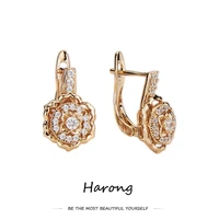 harong luxury flower crystal gold color stud earring woman fashion quality jewelry accessories copper earrings for wedding