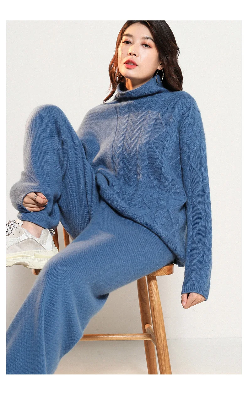Luxury two pieces 50% cashmere+ 30% wool suits female high collar warm mink cashmere Knit tops+ wide leg wool pant sets F788